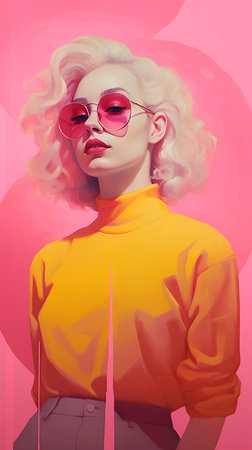 Fashion portrait of a beautiful blonde woman with curly hair and sunglasses.の素材
