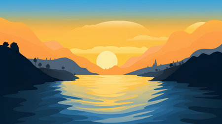 Sunset over the lake. Vector illustration in a flat style.の素材