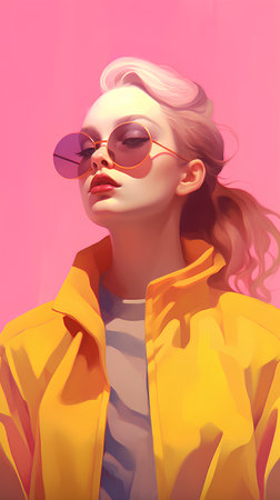 Fashionable young woman in yellow coat and sunglasses. 3d renderingの素材