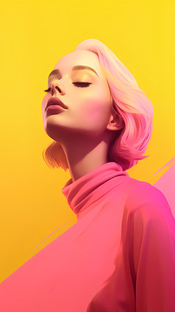 Beautiful young woman with pink hair on yellow background. 3d renderingの素材