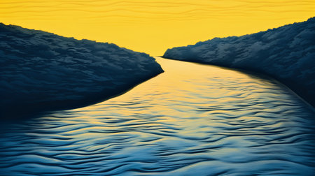 Illustration of a river flowing through the mountains in the evening.の素材