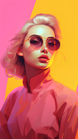 Fashion portrait of a beautiful blonde woman in pink clothes and sunglasses.の素材