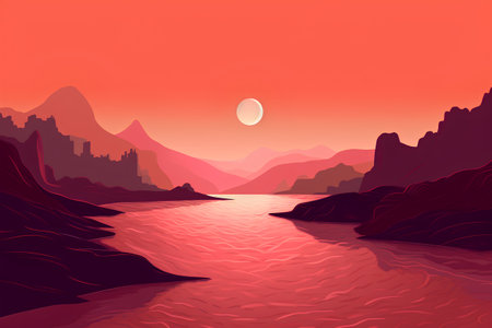 Beautiful landscape of mountains and river. Vector illustration in cartoon styleの素材