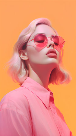 Fashion portrait of a beautiful woman with pink hair and sunglasses.の素材