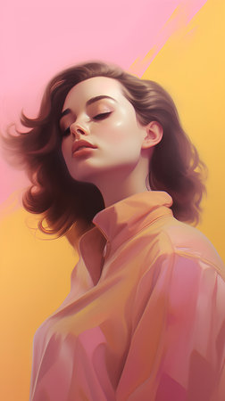 Portrait of a beautiful young woman with long curly hair. Girl in a pink jacket.の素材