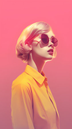 Fashion portrait of a beautiful blonde woman in sunglasses on a pink background.の素材
