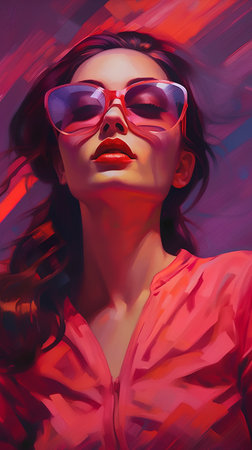 Portrait of a beautiful girl with red lips in pink glasses.の素材