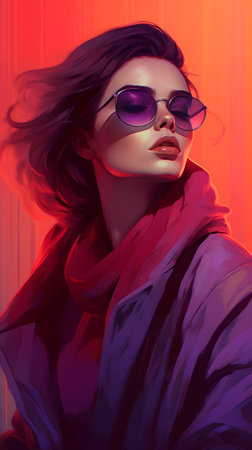 Fashion portrait of a beautiful woman in sunglasses and a purple coat.の素材