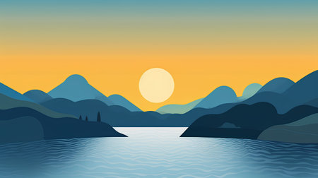 Landscape with mountains, lake and sunset. Vector illustration in flat styleの素材
