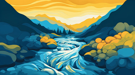 Mountain landscape with a river. Vector illustration in a flat style.の素材