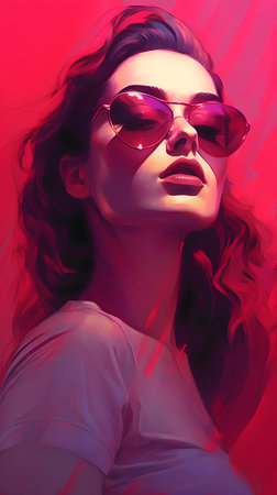 Fashion portrait of a beautiful young woman in sunglasses. Red background.の素材