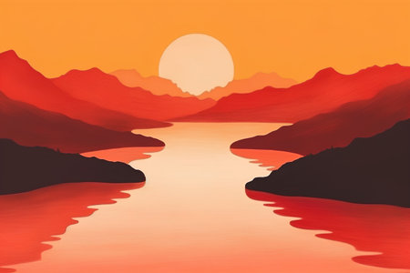 Mountain landscape with lake and sun at sunset, vector illustration.の素材