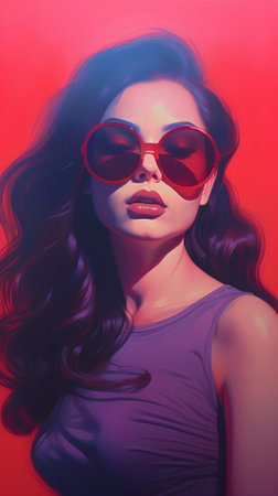 Fashion portrait of a beautiful young woman with long curly hair and red sunglasses.の素材