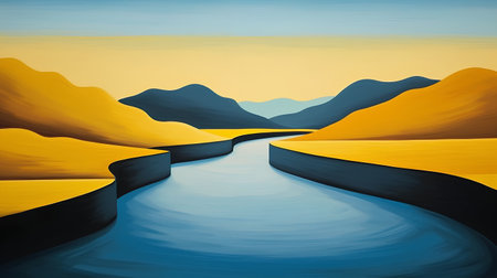 Landscape with river and mountains in yellow and orange colors, vector illustrationの素材