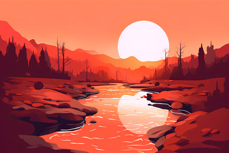 Sunset in the mountains. Mountain landscape with a river and forest. Vector illustrationの素材