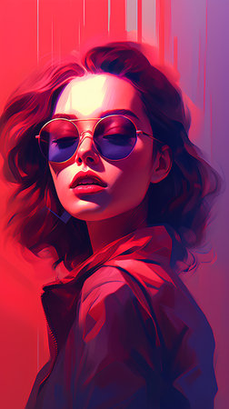 Fashion illustration of a beautiful girl in sunglasses on a red background.の素材