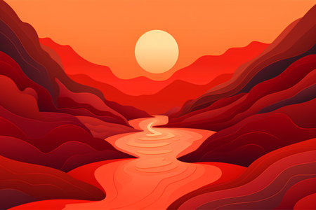 Sunset in the desert. Vector illustration of a mountain landscape.の素材