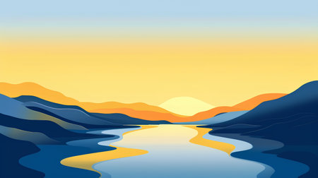 Landscape with mountains, lake and sunset. Vector illustration for your designの素材