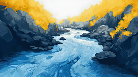 Illustration of a blue river flowing through a cave in the mountainsの素材