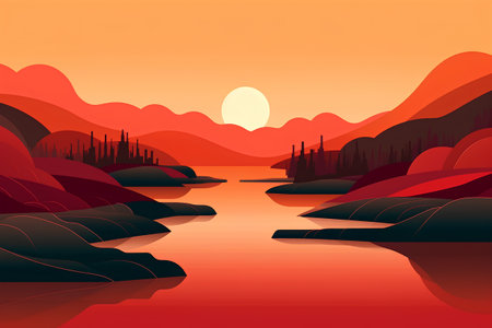 Beautiful landscape with mountains, river and sunset. Vector illustration.の素材