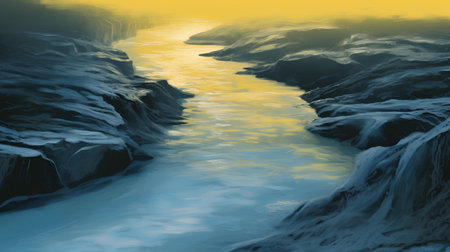 Illustration of a waterfall in the water with a yellow background.の素材