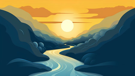 River in the mountains at sunset. Vector illustration in cartoon style.の素材