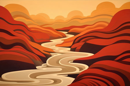 Mountain landscape with river and sand dunes. Vector illustration.の素材