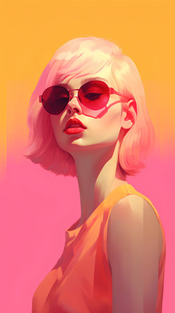 Fashion portrait of beautiful young woman with pink hair and sunglasses. Vector illustration.の素材