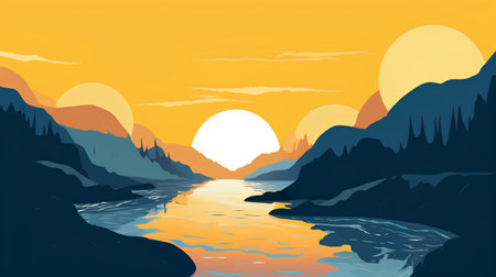 Sunset over the mountain lake. Vector illustration in cartoon style.の素材