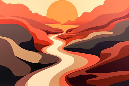 Abstract landscape with a river and a sunset in the background. Vector illustration.の素材