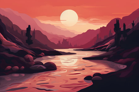 Beautiful cartoon landscape with river and mountains at sunset. Vector illustrationの素材
