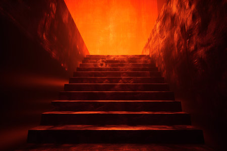 Staircase in dark room with red light. 3D renderingの素材