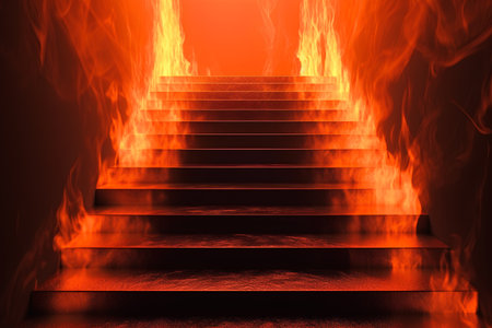 Staircase with fire flames on a dark background. 3d renderingの素材