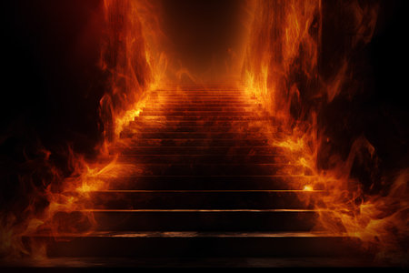 Staircase with fire and smoke on dark background. 3D renderingの素材