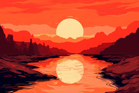 Sunset over the lake. Vector illustration in a flat style.の素材