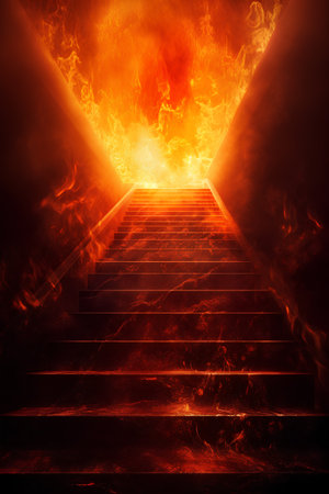 staircase leading to hell, 3d illustration with fire and smokeの素材