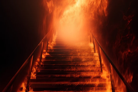 Staircase leading to fire in a dark room with flames on itの素材