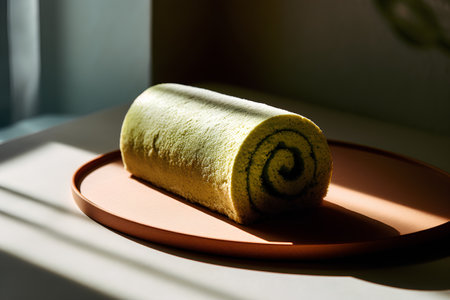 Rolled up towel on a round plate. Selective focus.の素材