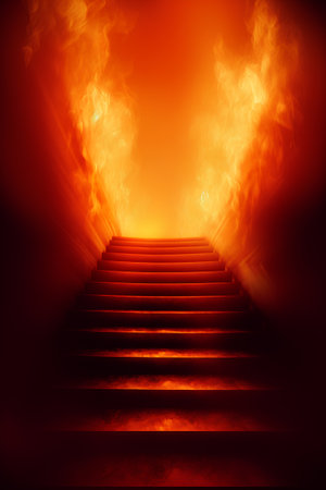 Staircase with fire and smoke on a dark red background.の素材