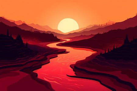 Silhouette of a mountain river at sunset. Vector illustration.の素材