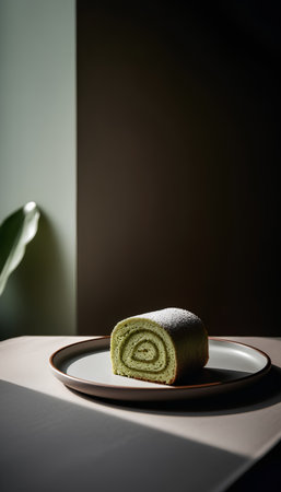 Green tea roll cake on white plate with green plant in the background.の素材