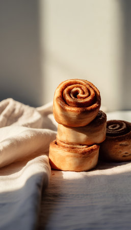 Homemade cinnamon rolls on a white tablecloth. Selective focus.の素材