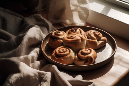 Homemade cinnamon rolls in a ceramic plate on the windowsill.の素材
