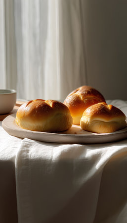 Freshly baked buns on a white tablecloth. Selective focus.の素材
