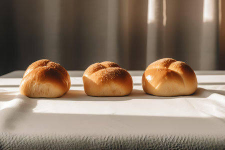 Three buns with sesame seeds on a white linen tablecloth.の素材