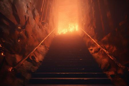 Staircase leading to fire in the mine. 3D renderingの素材