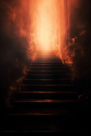 Staircase leading to hell, 3D rendering with orange lightの素材