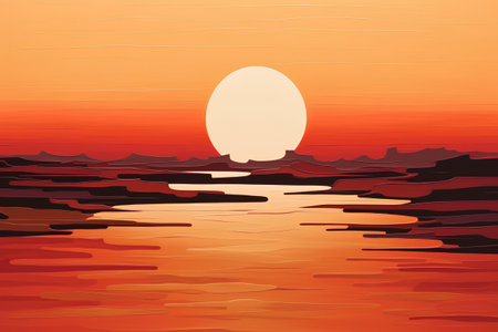 Sunset over the sea. Vector illustration of a sea landscape.の素材