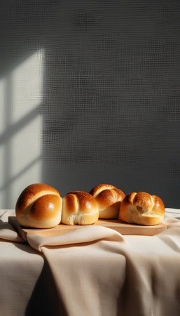 Bread rolls on a table with linen cloth and window in the backgroundの素材