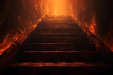 Conceptual image of a stairway leading to a burning fireの素材